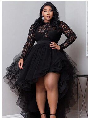 Xpluswear Design Plus Size Cocktail Party Black Round Neck Long Sleeve High Low